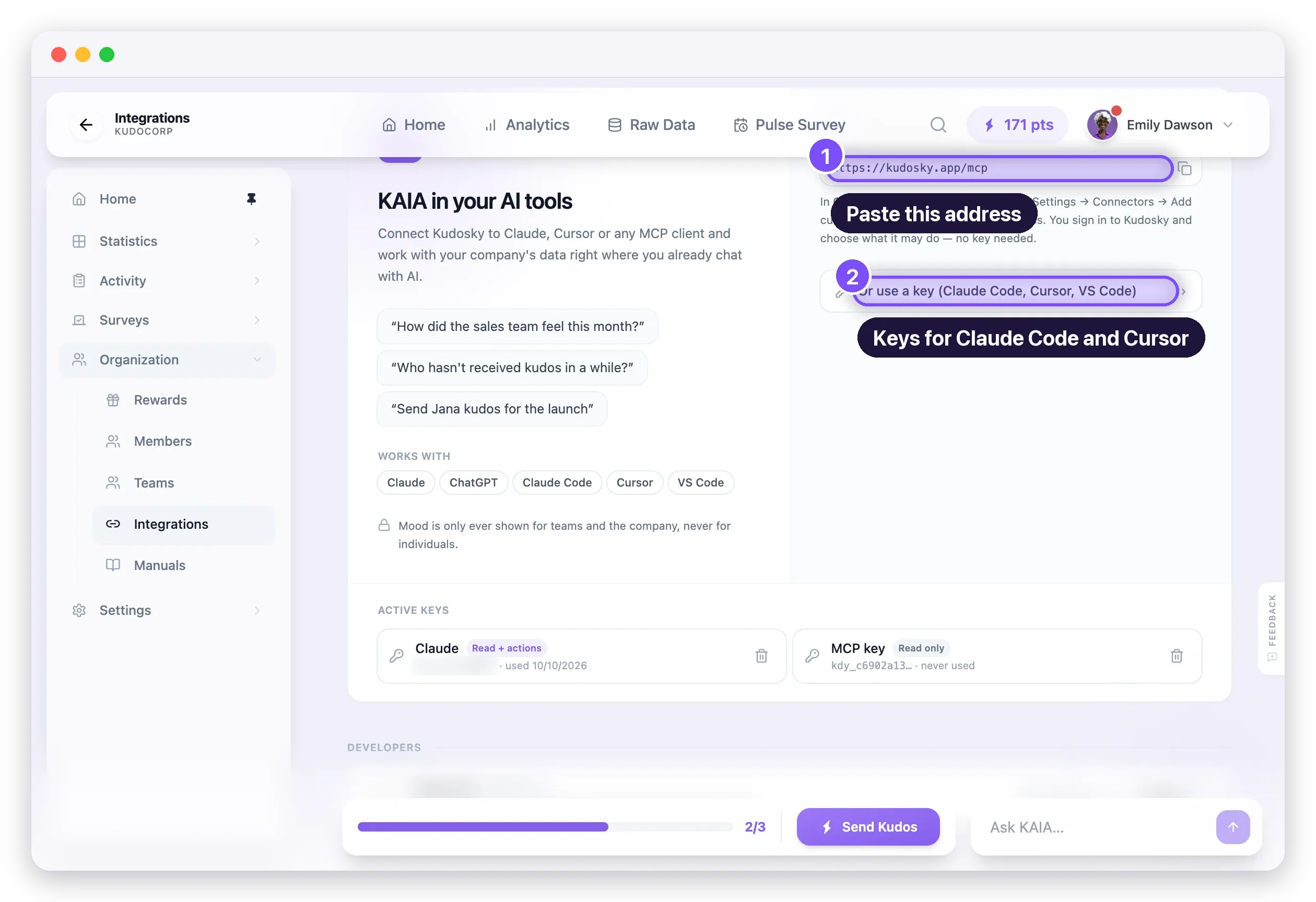 The 'KAIA in your AI tools' card in Integrations
