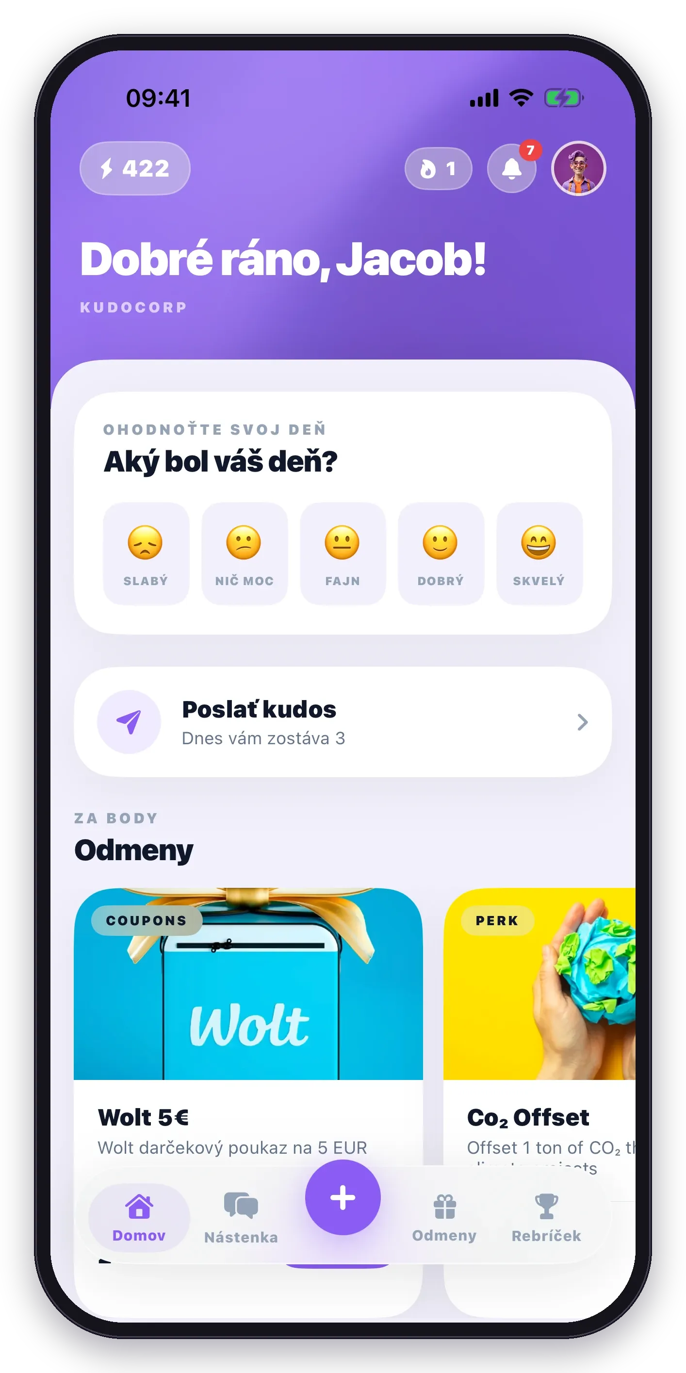 The Kudosky home screen on iPhone