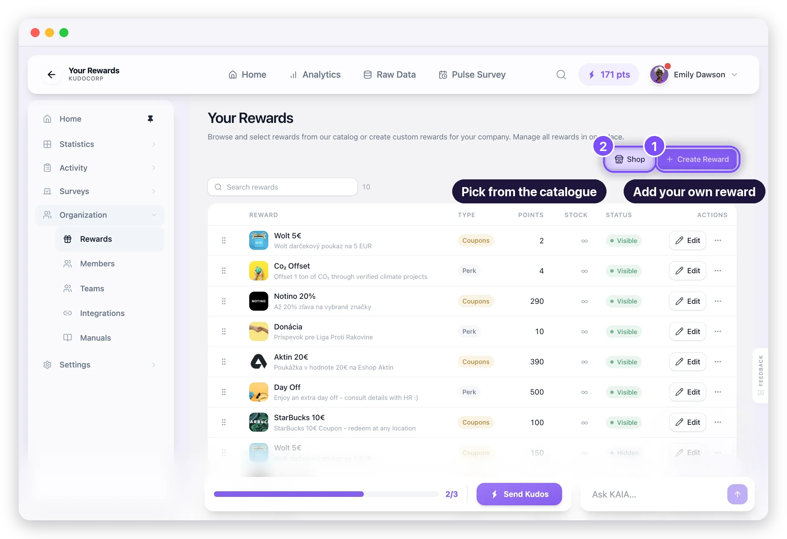 The admin reward catalogue