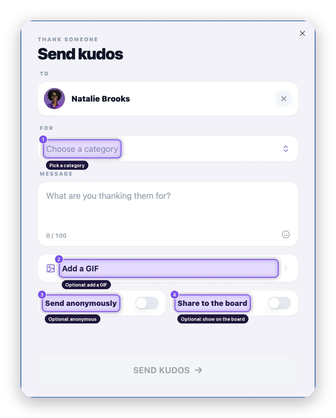 The send kudos form